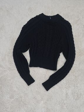 Anthropologie Black Cable-Knit Cropped Crew Sweater